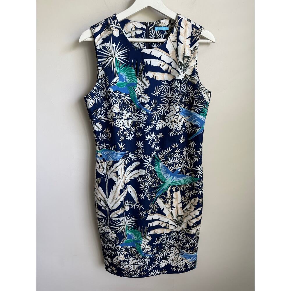 J.McLaughlin Tropical Palm Leaf/Bird Sleeveless Sheath Dress Blue White Womens 8 - Picture 2 of 10
